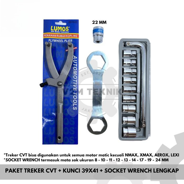 

PAKET Treker CVT Universal + Kunci 39 x 41 MM + Mata Sok Set 10 Pcs Gagang L + Mata Sok 22 MM / Tracker CVT Motor Matic