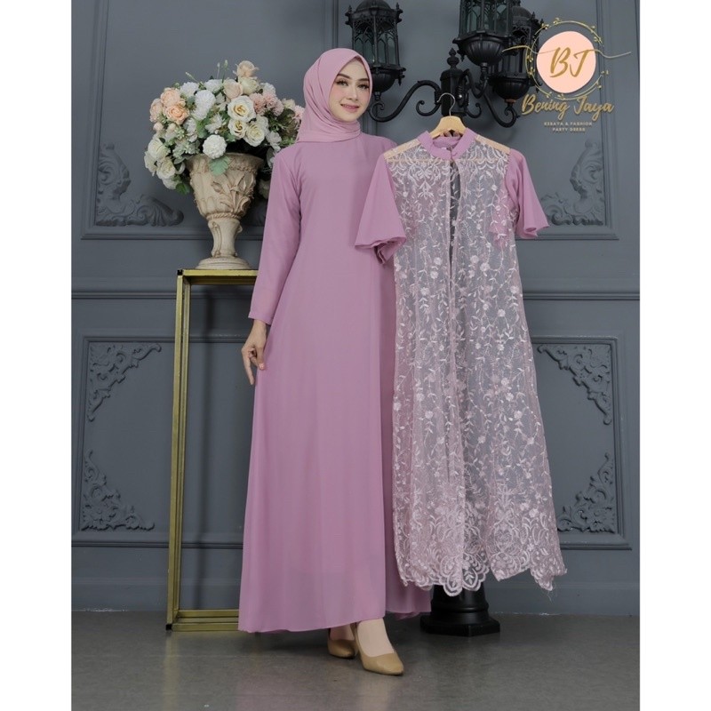 Dress Nagita New Gamis / Baju Muslim / Dress Outer cardi Brukat Mix Organza Mutiara / Dress kondanga