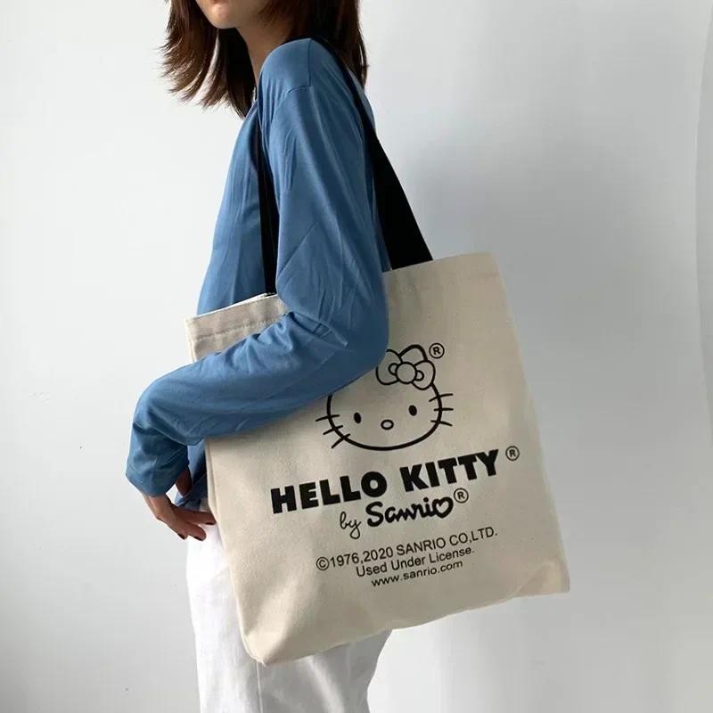 

Hello Kitty Canvas Tutorial Tote Bag Cute Cartoon Sanrio Femme Shopping Shoulder Bags Kawaii Anime Portable Travel Handbags Gift
