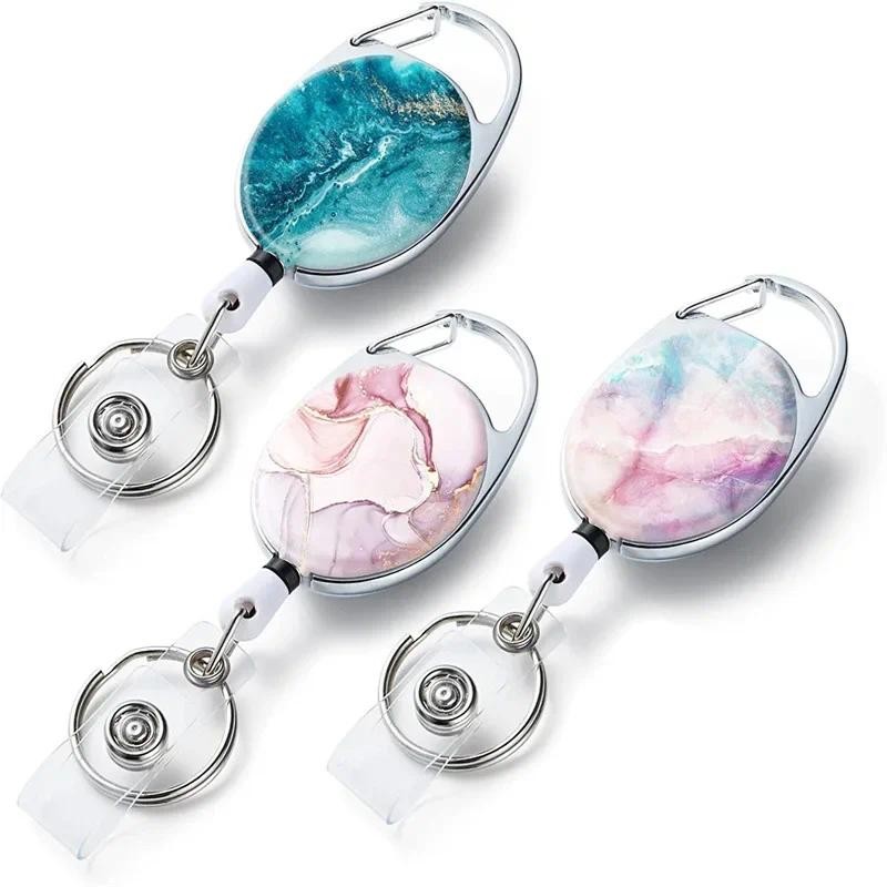 

1pc Marble Oval Easy Pull Badge Reels Keychain Egg Shaped Portacredencial Nurse Badge Holder Retractable Badge Clip