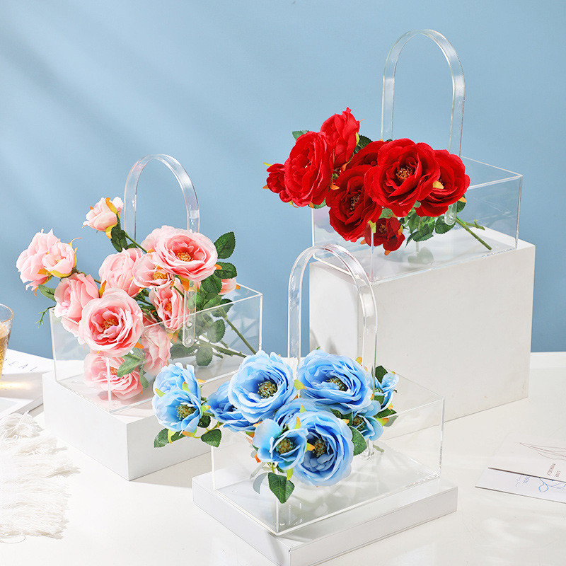 

Portable Flower Boxes Acrylic Transparent Bouquet Bucket Tote Flower Basket Cake Gift Packaging Box Wedding Birthday Party Decor