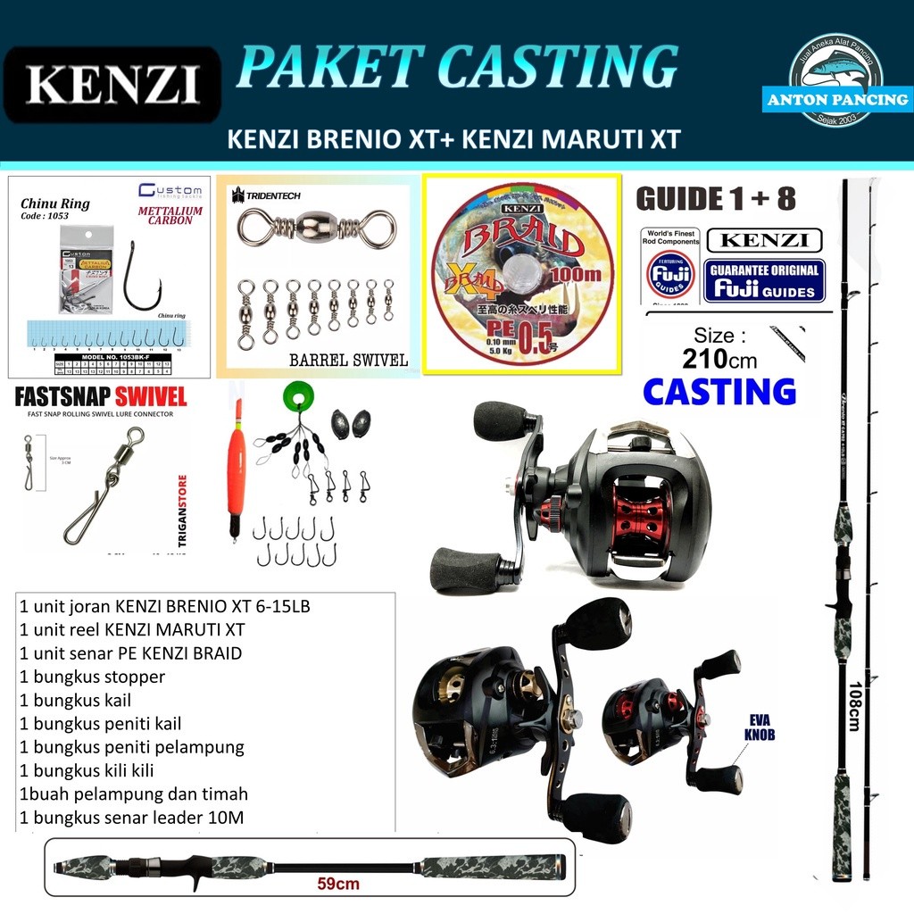 Paket Joran 1 Set Casting Kenzi Brenio 210cm 6-15lb + Reel Maruti XT + Senar, acc