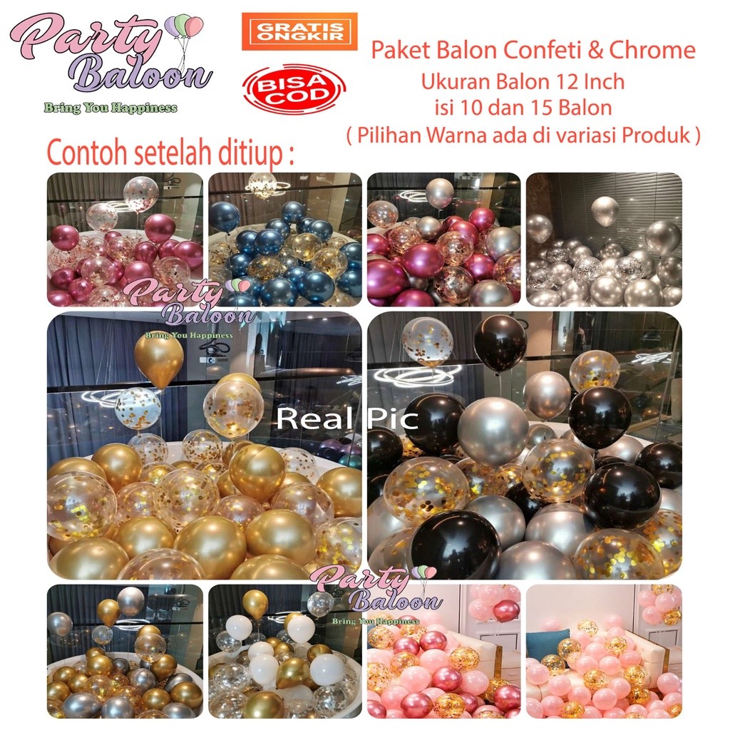Paket Balon ulang tahun dekorasi chrome confeti latex ultah dekor confeti double metalik anak dewasa
