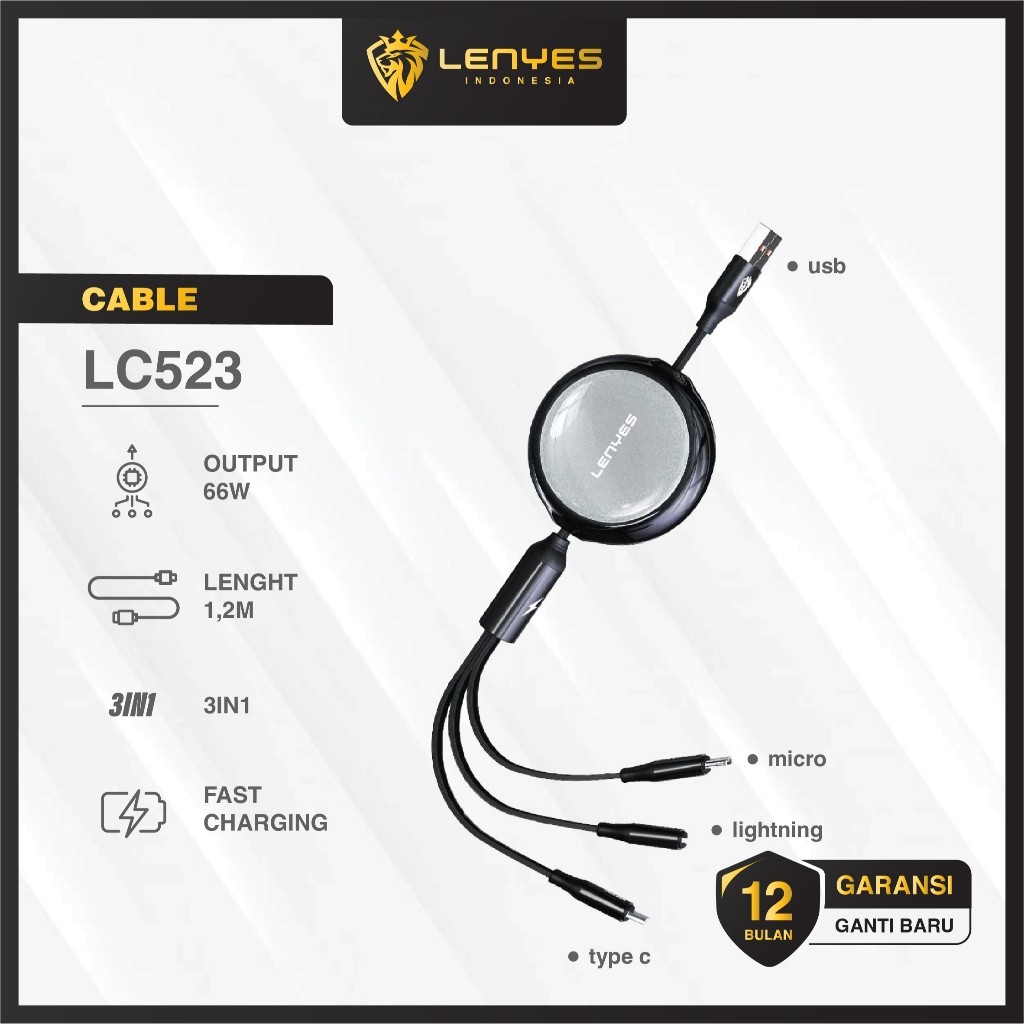 Kabel Data 3 in 1 LENYES LC523 Fast Charging 66W Data Cable USB To Micro Type C Lightning 1.2 Meter