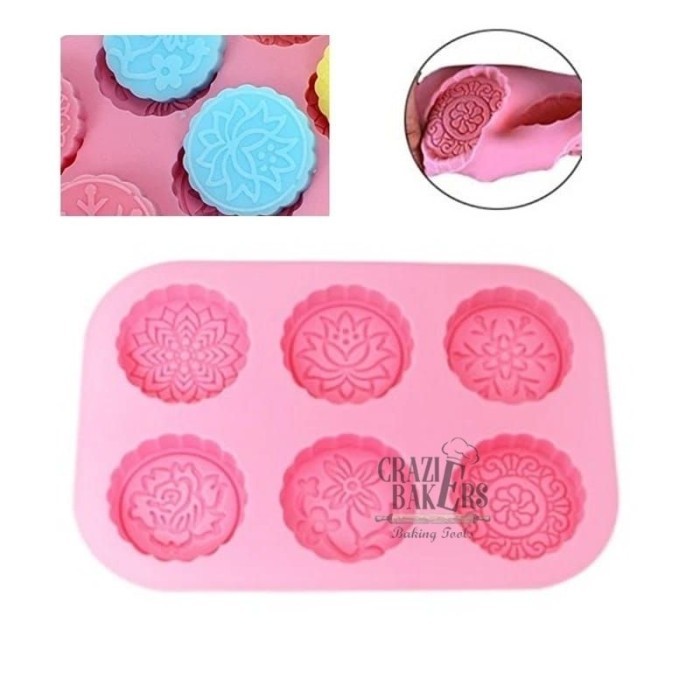 Cetakan Silikon Bulat Kotak Chinese Flower Pattern Chocolate Soap Mooncake Mold 6 Rongga - Bulat