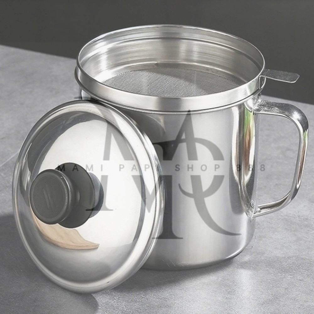 Oil Pot Stainless Steel Kecil/Besar Wadah Saringan Minyak / Gelas Penyaring Minyak Jelantah 1200ml A