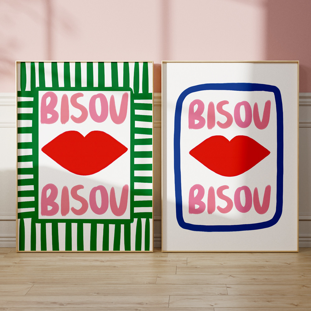 

Maximalist Eclectic Pink French Quotes Bisou Bisou Bonjour Bonne Nuit Wall Art Canvas Painting Posters Living Room Home Decor