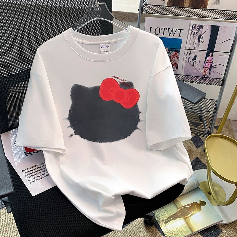 T-Shirt Wanita Lengan Pendek Motif Kartun Kucing & Pita - Katun Tipis Bernapas Tren 2025  Desain Str