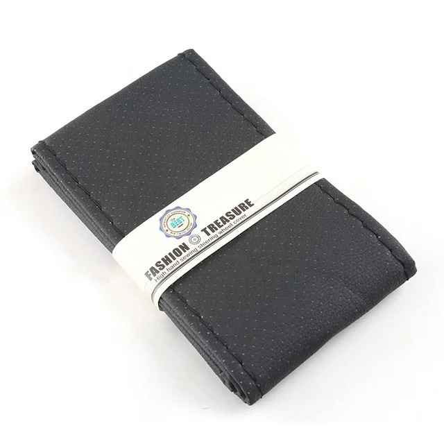 Cover Stir mobil / Sarung Stir Mobil Bahan Kulit dengan Benang Jahit - Hitam 38 CM