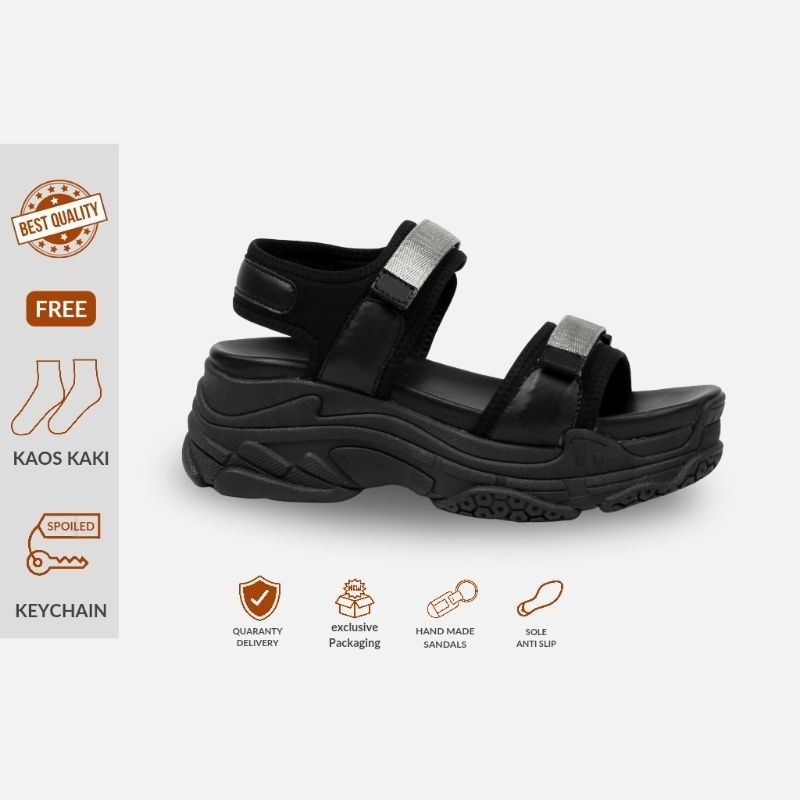 Promo SPOILED - Talisha Fullblack Sandal Gunung Korea Sandal Tali Belakang
