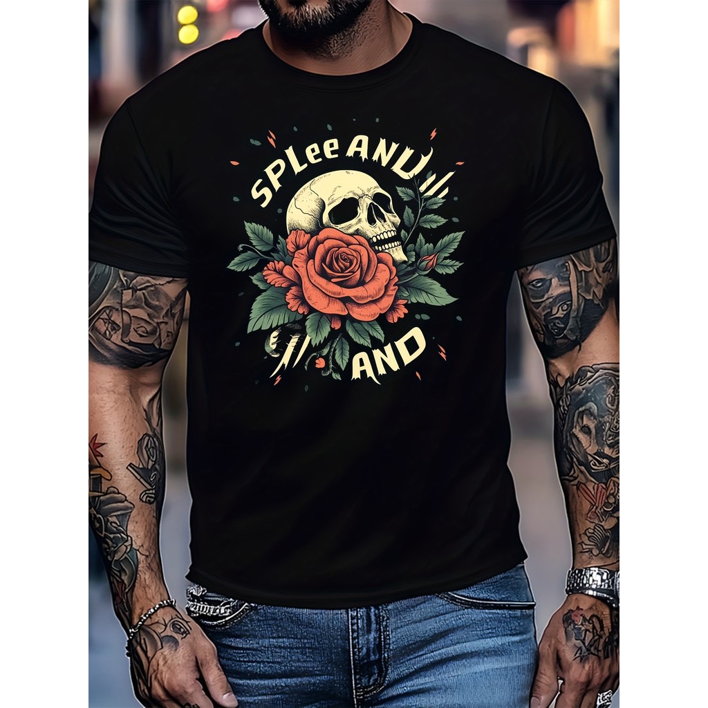 Kaos Pria Tengkorak Mawar Cinta Kematian Gaya Tato 220G - Lengan Pendek Gambar Unik Hitam untuk Gaya