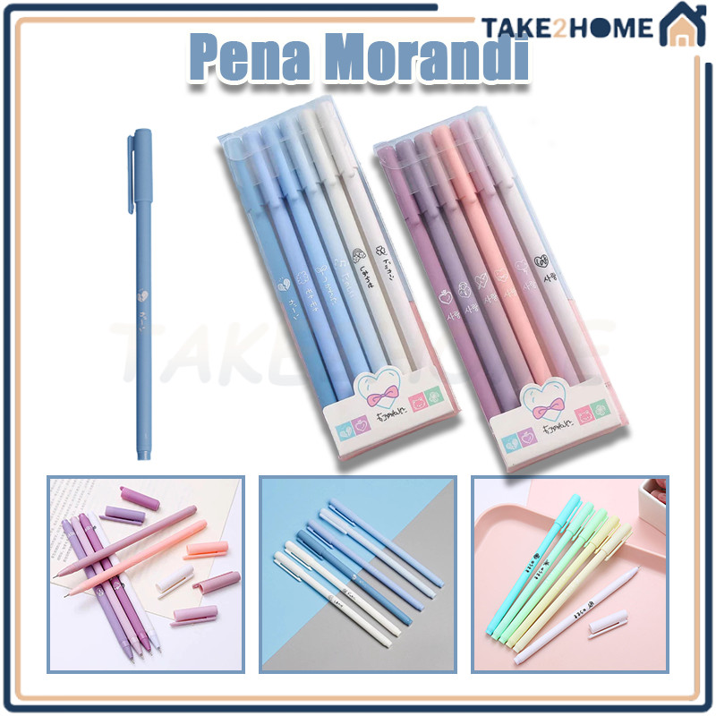 

6 pena gel Pena cair seri Morandi/Pena Morandi/Pulpen Tabung Jarum Warna Hitam/Pena