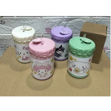 (GTT)  BOTOL KACA HELLO SANRIO / Gelas Kaca Karakter Sanrio dengan Box dan Sedotan /Botol Minum Lucu