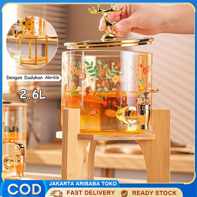 2.6L Dispenser Air Kaca / Ketel Air Kaca dengan Tatakan Kayu / Glass Dispenser Estetik / Tempat Minu
