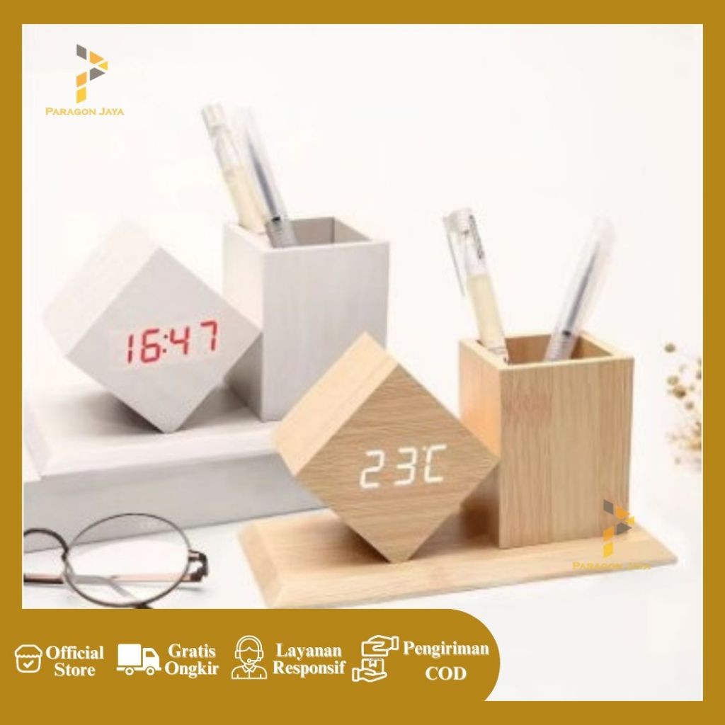 Jam Weker Alarm LED Digital Wood, Watch Meja Motif Kayu Tempat Pensil