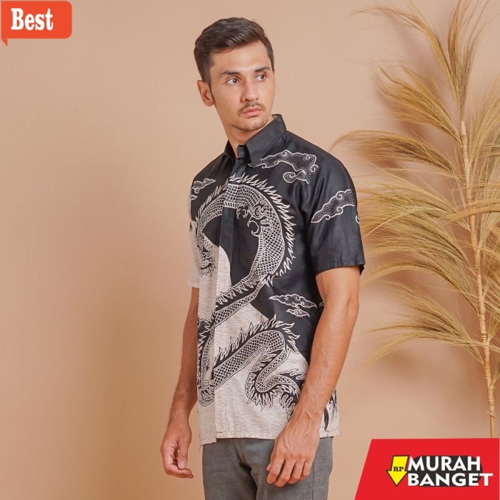 kemeja pendek pria keren BATIK TRUSMI Hem Kemeja Pria Lengan Pendek Motif Mega mendung Naga - XXL