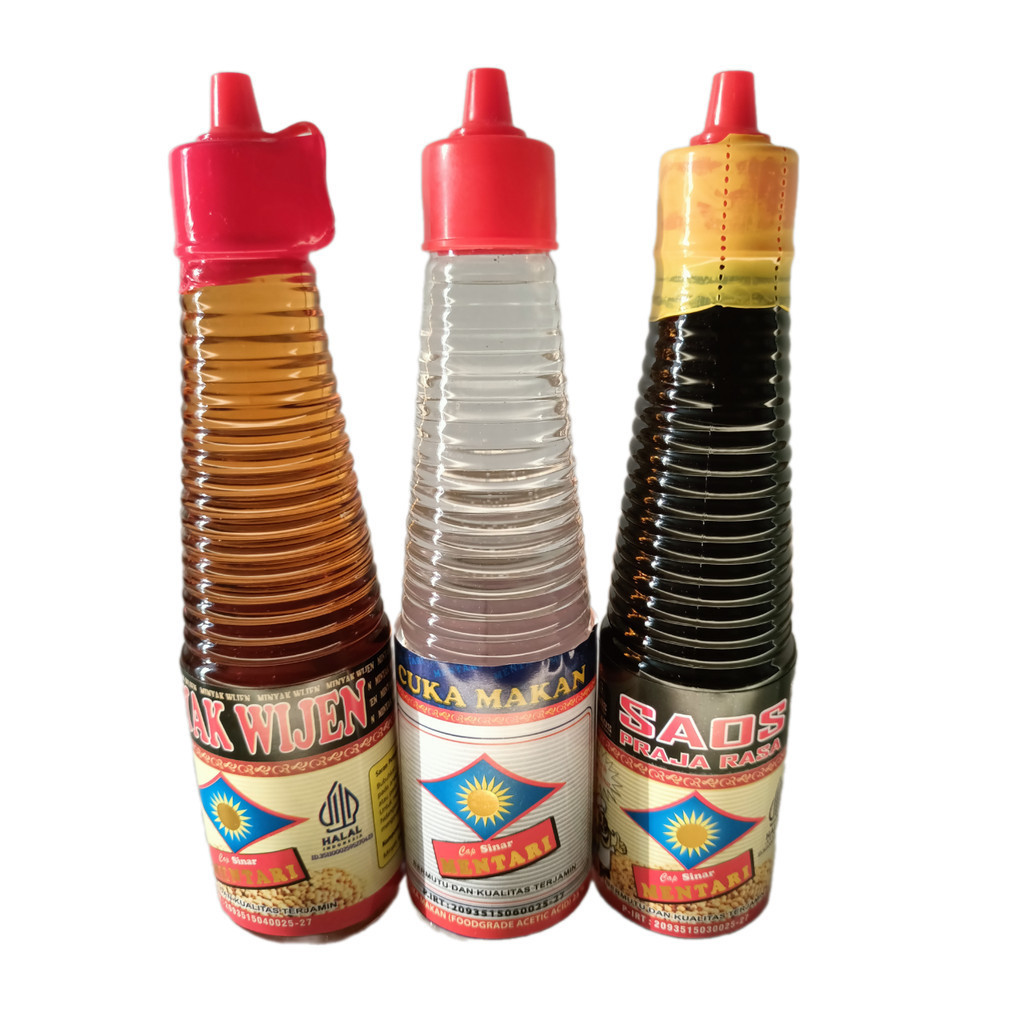 

Paket 3 Botol Minyak Wijen, Cuka Makan, Saos Praja Rasa Cap Sinar Mentari 150 ml