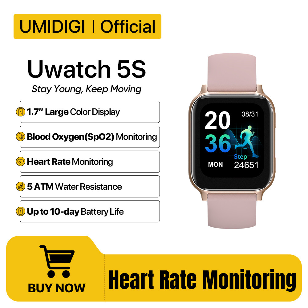 UMIDIGI Uwatch 5S Bluetooth Smart Watch 1.7" 5ATM Waterproof SmartWatch Fitness Heart Rate Blood Oxy