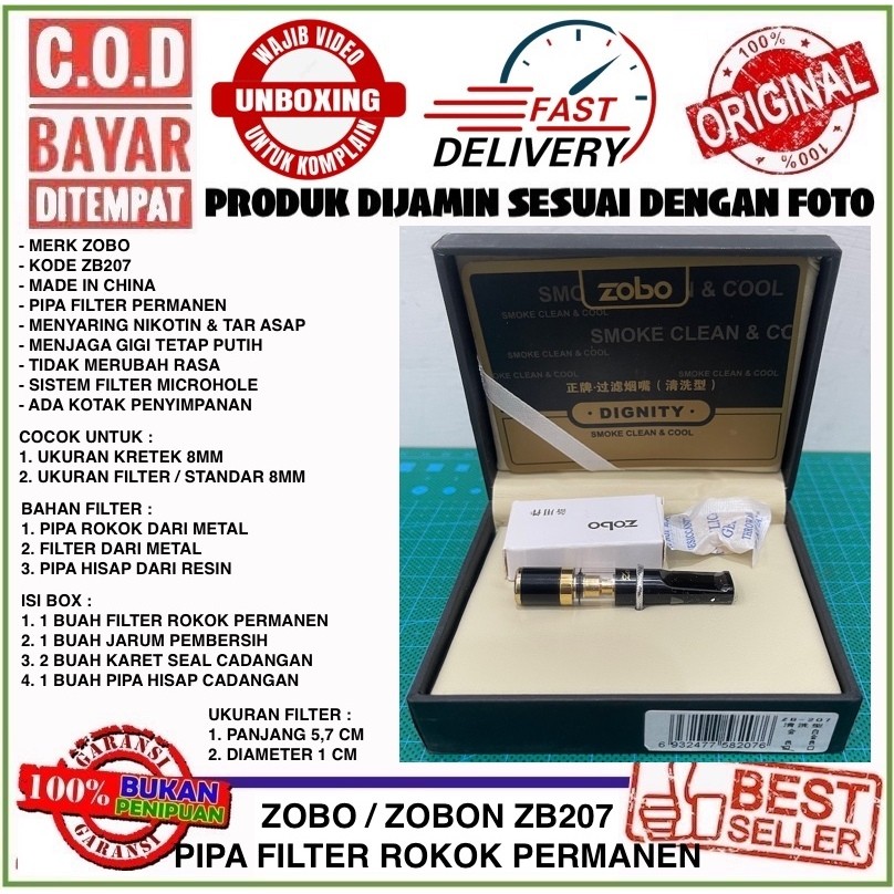 Zobo ZB207 Pipa Filter Saringan Asap Permanen Khusus 8mm Metode Microhole Warna Hitam