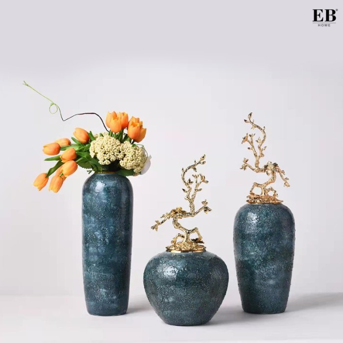 Vas Bunga Premium Pajangan Guci Keramik Dengan Tutup Antik Luxury Home