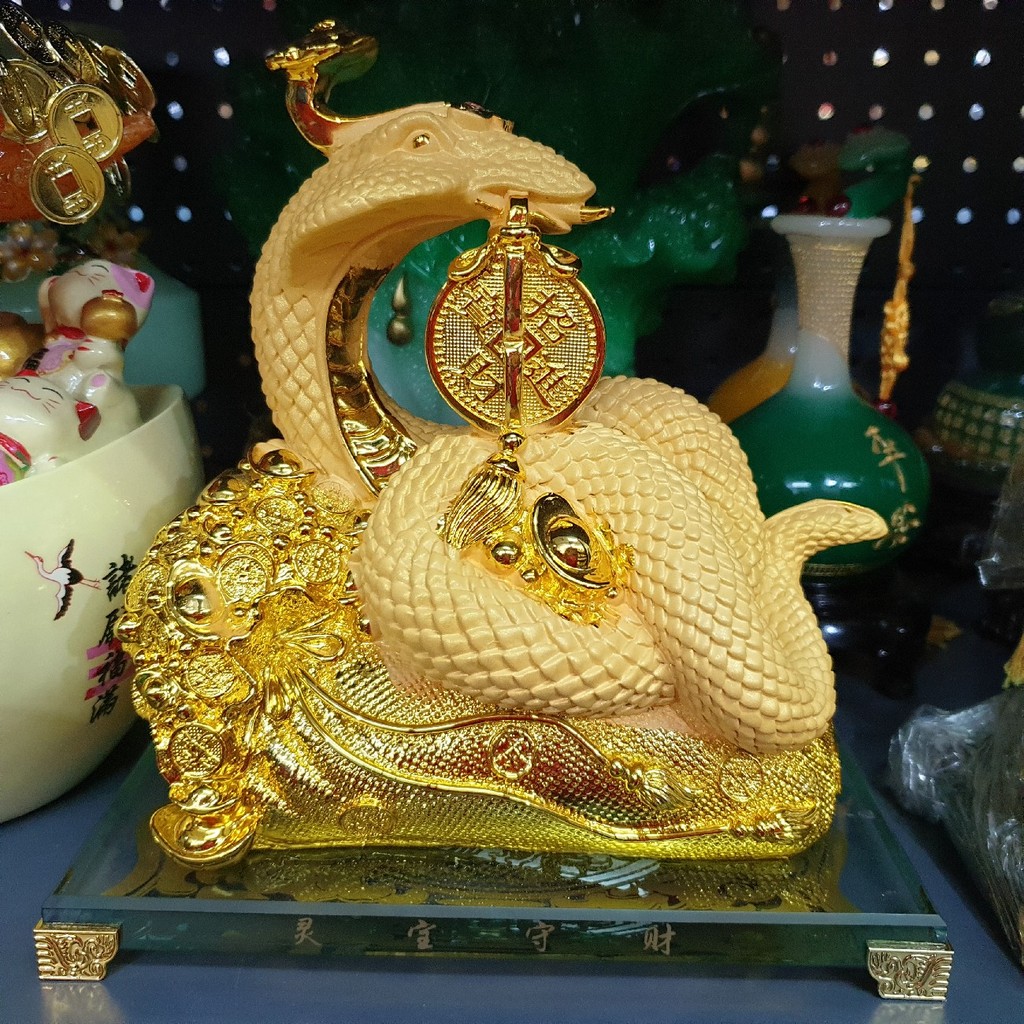 Patung Ular Kobra Rejeki Shio Emas Gold 23 Cm Kaca Resin Pajangan Meja