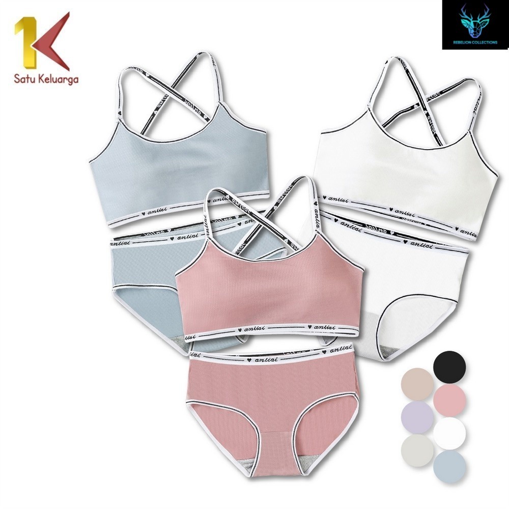1K Bra Set Celana Dalam P169 Bralette One Set Wanita Tali Silang List Putih BH Tanpa Kawat Wanita