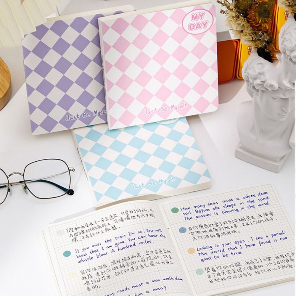 

100 Pages Chessboard Pattern Note Pape Rhombus Grid Scrapbook Square Grid Notebook Cartoon Stationery Flip Over Notebook