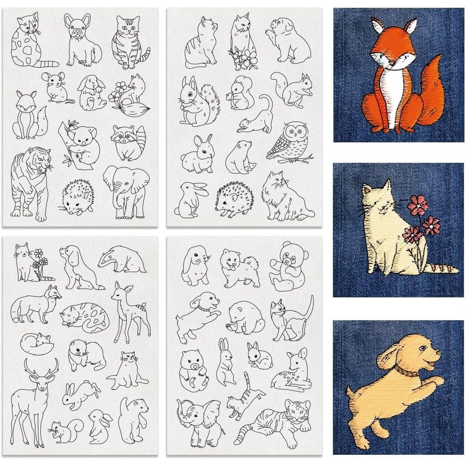 

4Sheets 52Pcs Animal Water Soluble Embroidery 11.7x8.3inch Cats Dogs Rabbits Stick and Stitch Embroidery Paper Stabilizer Water