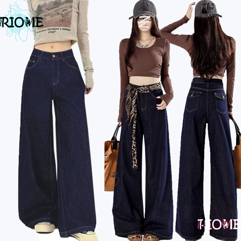 S-7XL Jeans Pinggang Super Tinggi Wanita Jeans Lurus Pinggang Tinggi Retro Celana Jeans Lurus Lebar 
