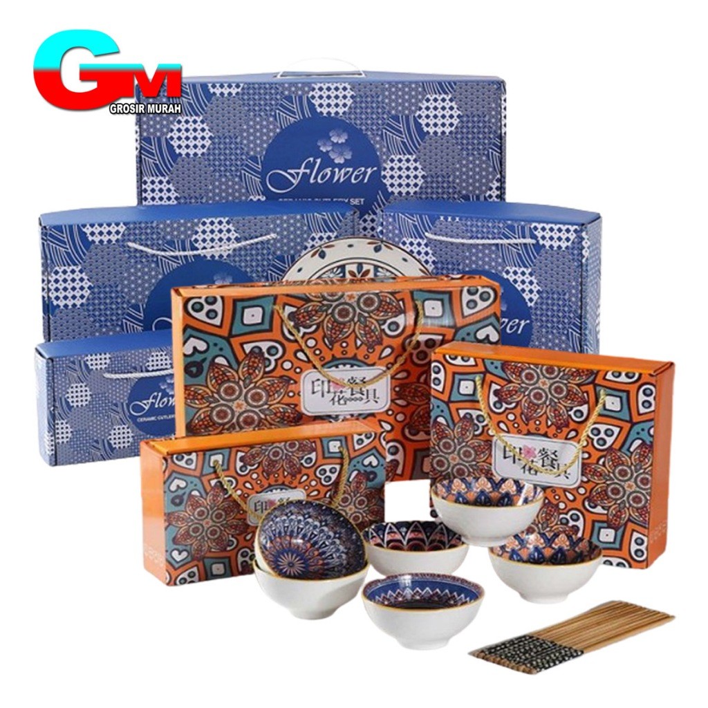 Mangkok set Japanese Bowl Set premium / Mangkuk Gift Keramik Flowers Japanese Bowl