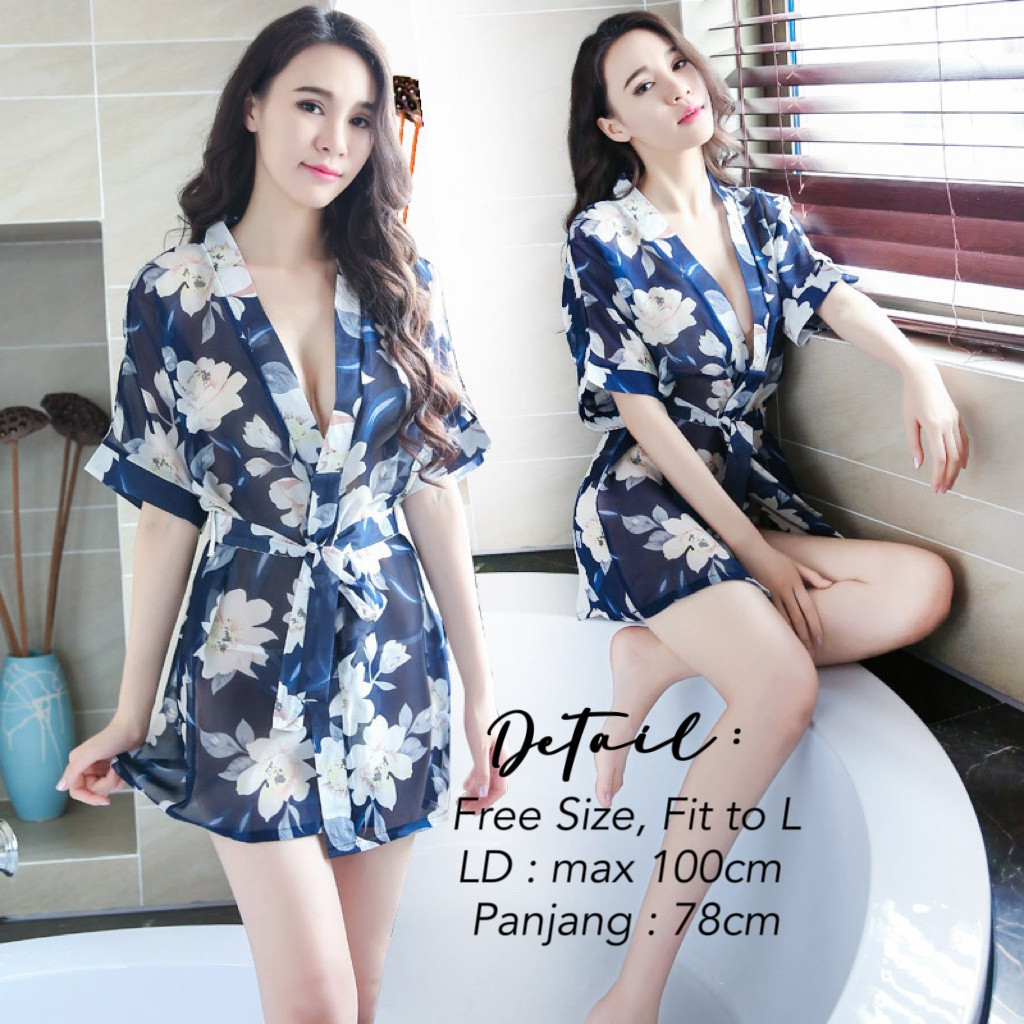 LARIS MANIS Kimono Sifon Motif bunga Set Gstring Lingerie Baju Tidur Sexy Hot Menggoda Malam pertama