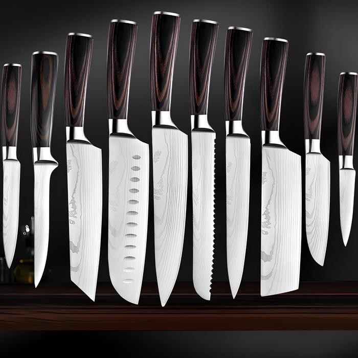Pisau Dapur Daging Serbaguna Bilah Lebar Tajam Damascus Pattern Stainless Steel 5Cr15, Gagang Kayu E