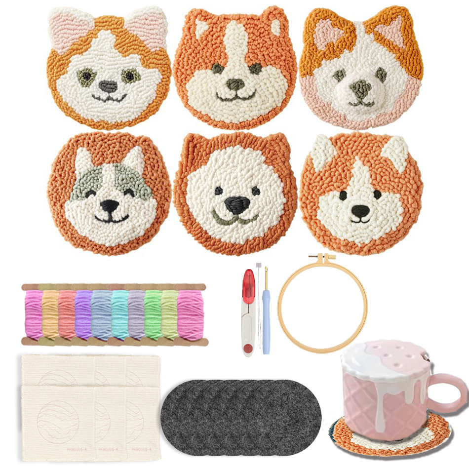

GATYZTORY 6pcs Animal Dog Punch Needle Embroidery Coaster Kits DIY Cartoon Cup Mat Set Handmade Sewing Hobby Craft Gift