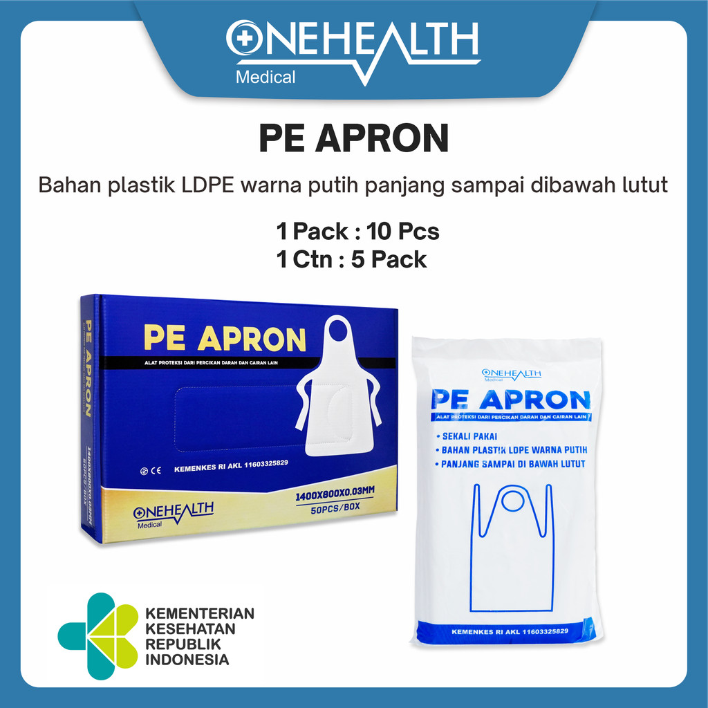 Onehealth Pe Apron (1400*800*0.03mm) Baju Plastik Medis Putih di Bawah Lutut Alat Proteksi Dari Perc