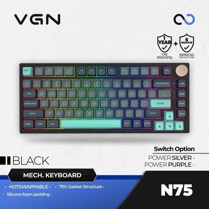 VGN N75 / N-75 RGB Hotswap Gasket Mount 75% Mechanical Keyboard - Hitam, Power Silver