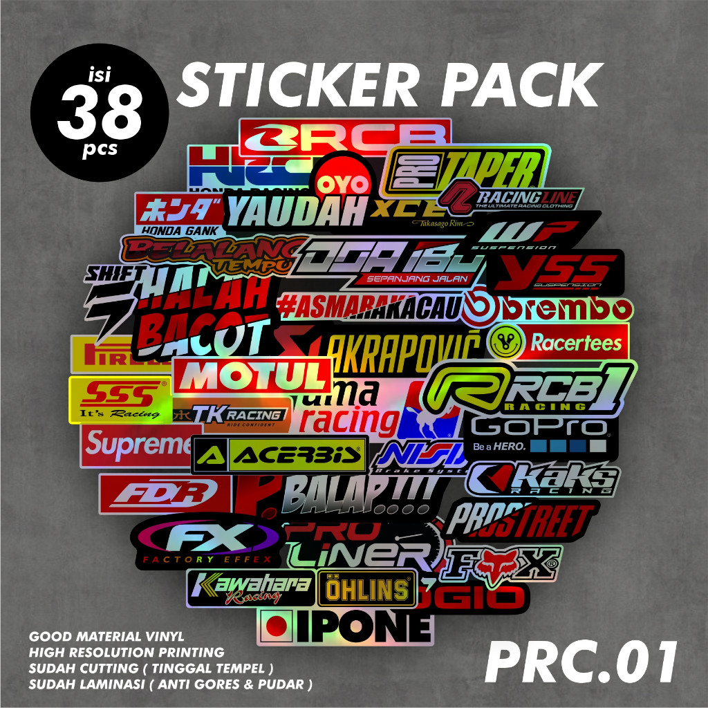 

38 Lembar Sticker Racing / Sticker pack / Sticker Sponsor / Sticker Motor / Sticker Kecil2 cocok buat Motor Mobil Hp Laptop Helm Hologram Pelangi Vinyl Putih GRE.PRC01