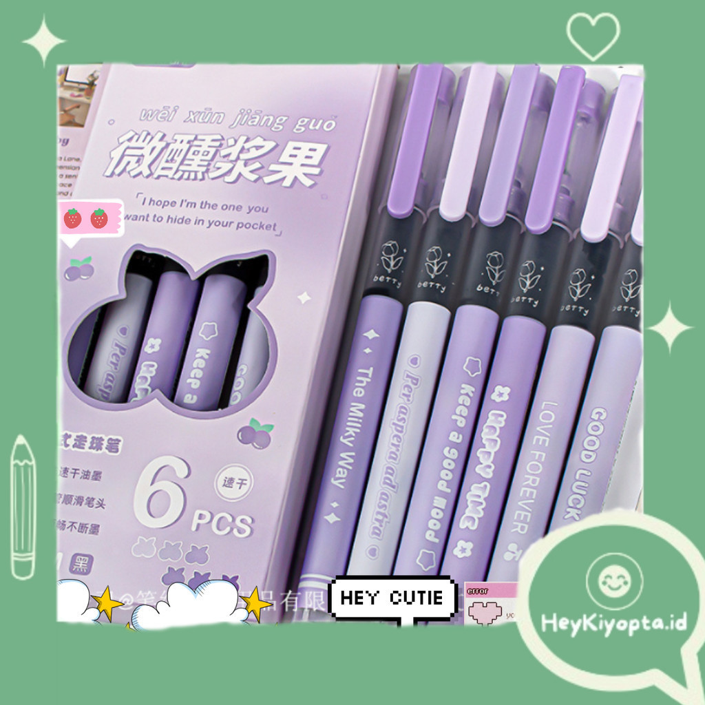 

1 SET 6 PCS PULPEN GEL 0,5 MM MOTIF PURPLE BUTTERFLY AESTHETIC QITH SIMPLE QOPTES OF LIFE / PULPEN AESTHETIC