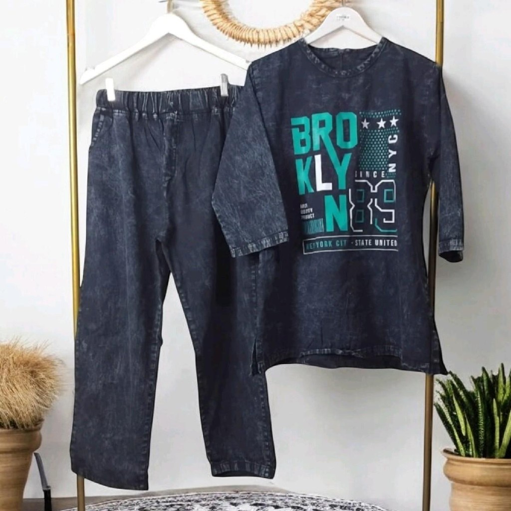 BAJU GAMIS JEANS DENIM MODEL SETELAN CELANA DRESS MOTIF TULISAN BRO HITAM BLACK SANDWASH WANITA DEWA