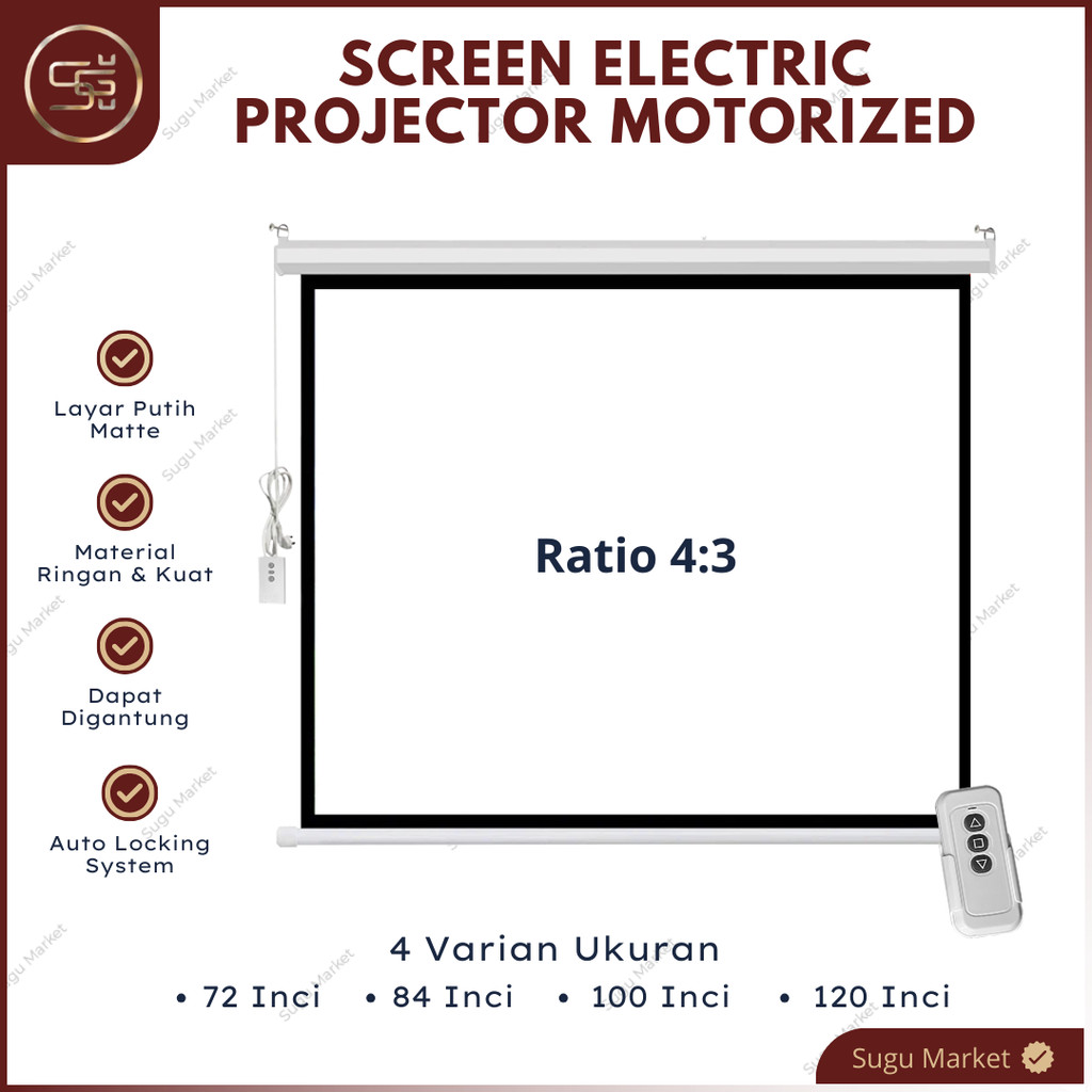 Screen Projector Motorized Electric With Remote "72 - 120" / Layar Projector Otomatis / Layar Proyek