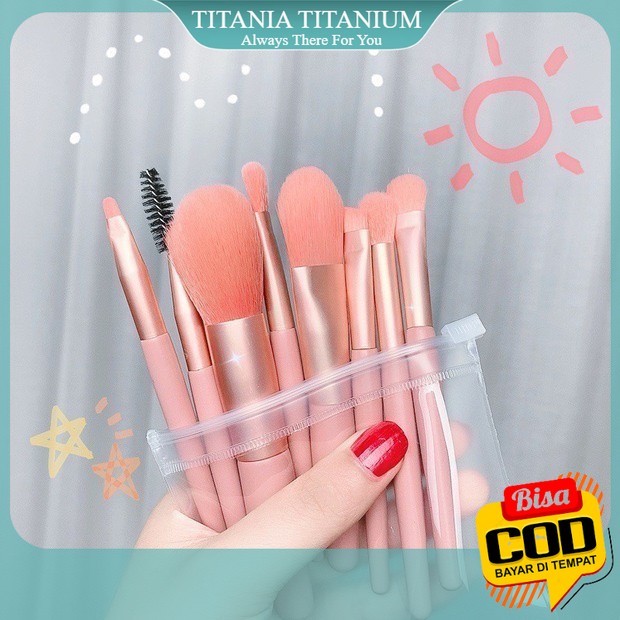 TITANIA AYO COD.  Brush Makeup Set Free Puch (isi 8 Pcs) Mini Travel Complete Kuas Makeup Free Pouch