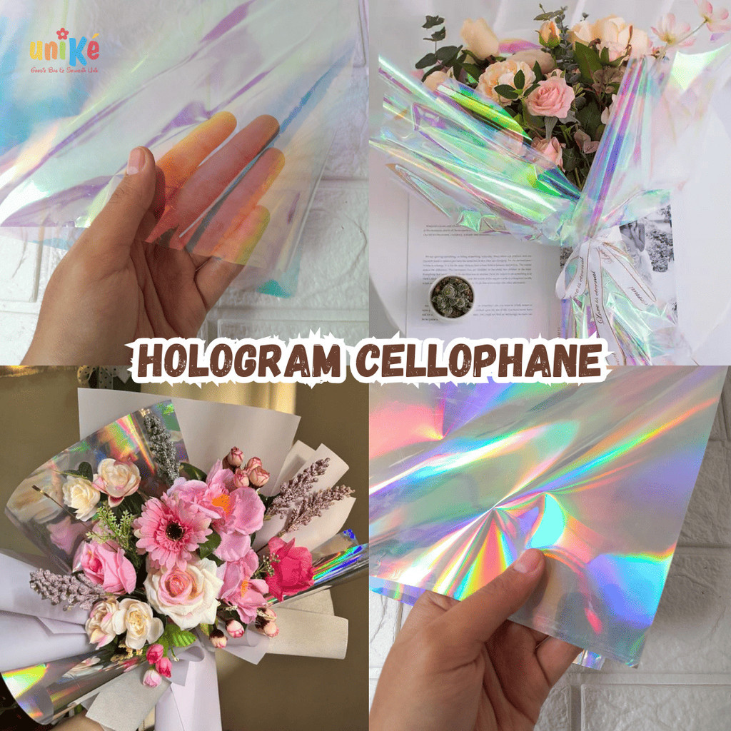 

1Pc - FLOWER WRAPPING HOLOGRAM Kertas Cellophane Perlengkapan Buket Bunga Bening & Solid