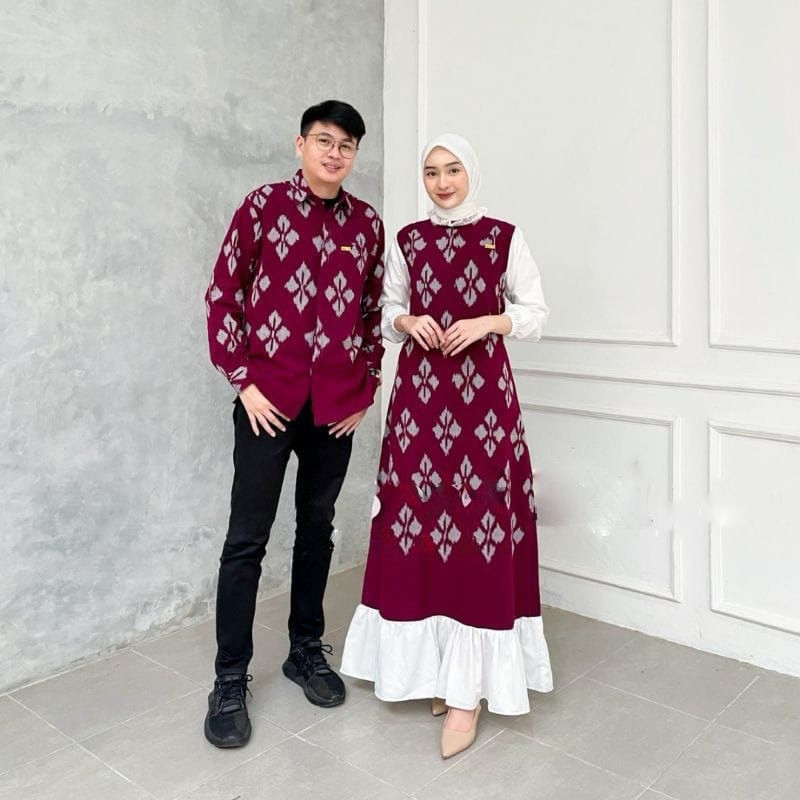 Maroon dress - set couple merah - set baju couple tenun kondangan - baju couple Raya keluarga - set 