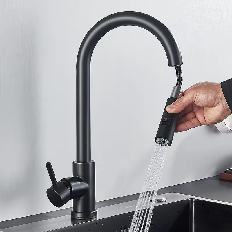 

Grifo de cocina negro Flexible, boquilla extraíble de 2 modos, mezclador de agua fría y caliente, rociador montado en cubierta y