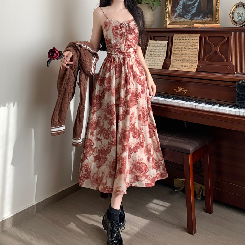 Meirong floral dress merah panjang summer korean style dress pantai sexy elegant wanita terbaru 2025