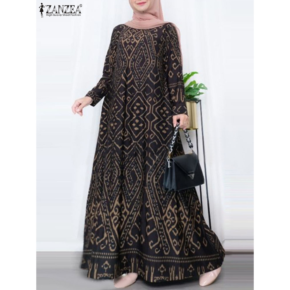 ZANZEA Vintage Printing Holiday Maxi Dress Casual Bohemian Muslim Long Sleeve Dubai Vestido Elegant 