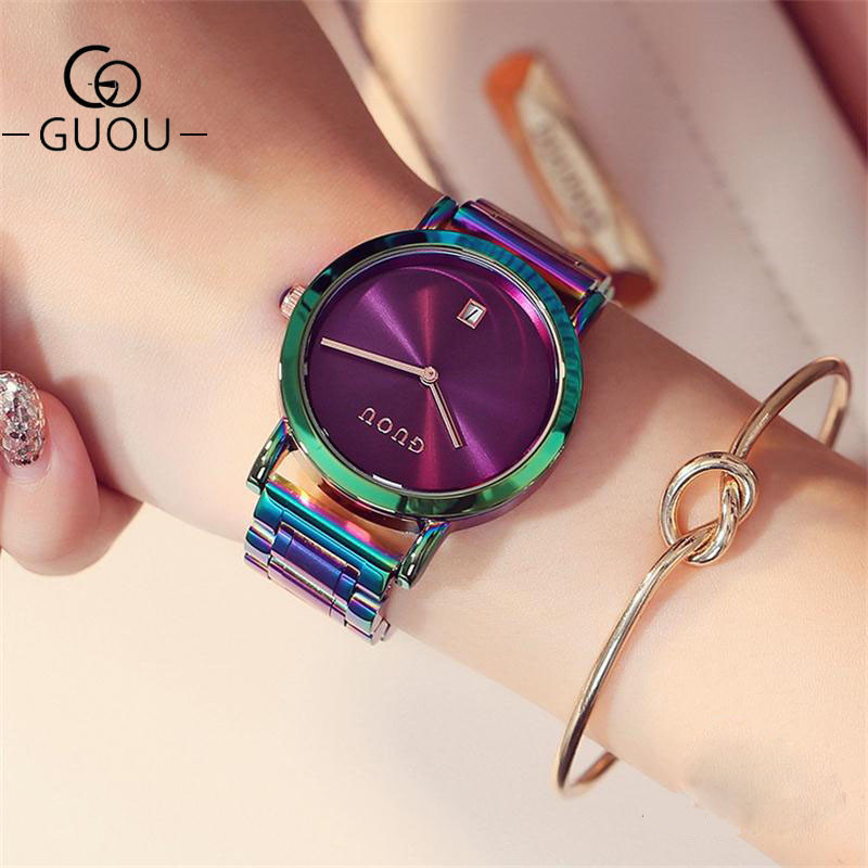 GUOU Luxury Women's Watches Stainless Steel Colorful straps Purple Women Watches Fashion Laes watch 
