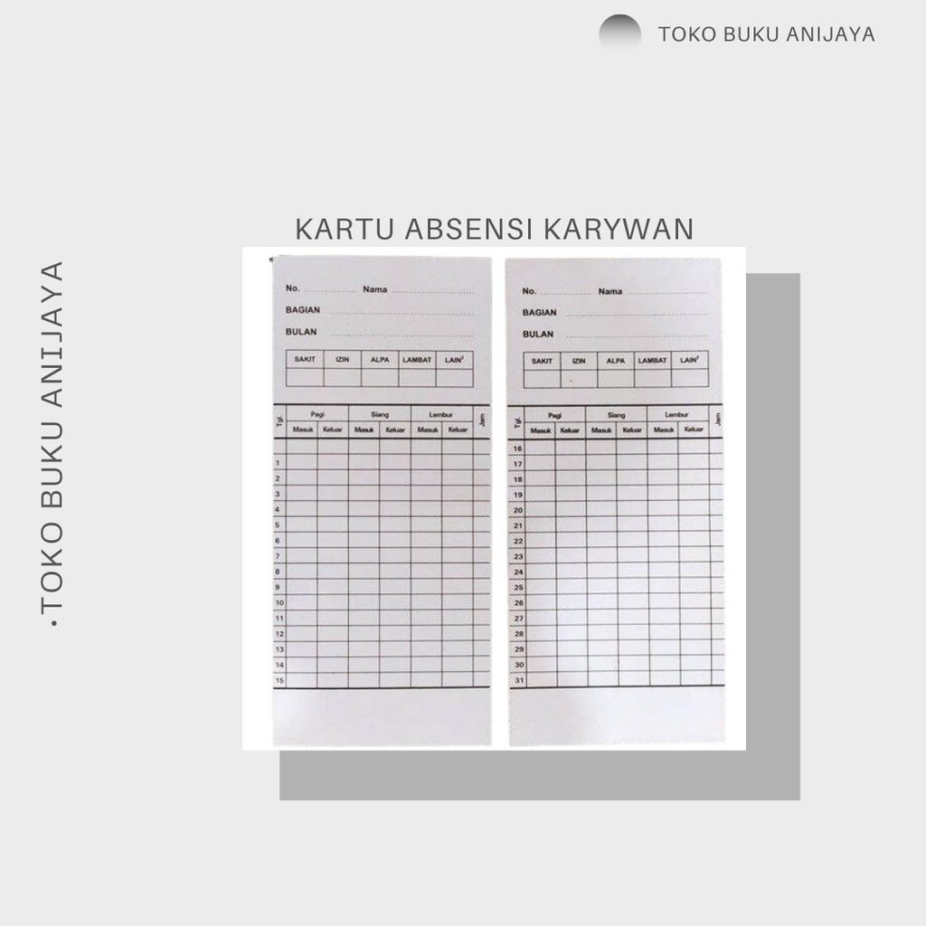 

KARTU ABSENSI KARYWAN 1PACK ISI 1OOPCS WARNA PUTIH Kantor Paper