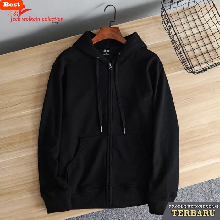 hoodie pria keren JAKET POLOS HOODIE ZIPPER PRIA WANITA UKURAN JUMBO WARNA HITAM - 7XL