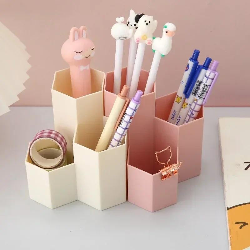 

Simple Transparent Frosted Honeycomb Pen Holder Large Capacity Multi-functional Desk Stationery Storage Box Office Accessories
