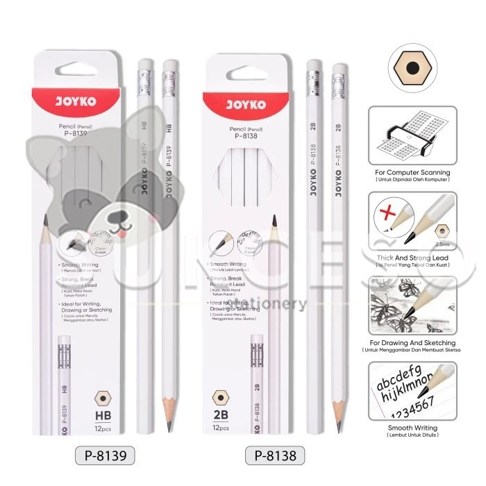 

Joyko Pensil 2B/HB P-8138 / P-8139 LUSINAN White Hexagonal Pencil For Computer Isi 12